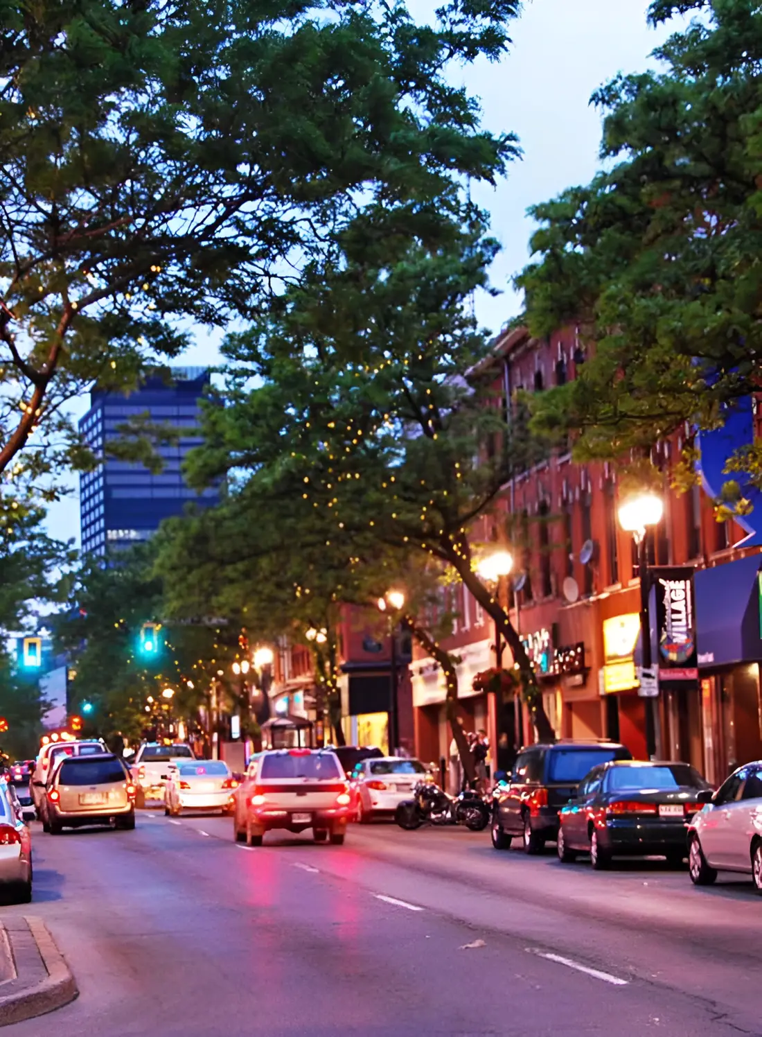 Hamilton International Village at dusk