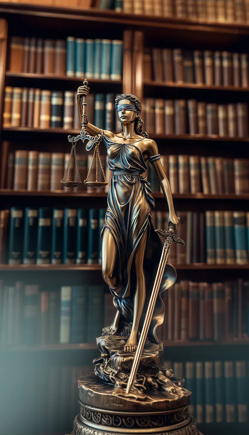 Bronze Lady Justice statue in a law library