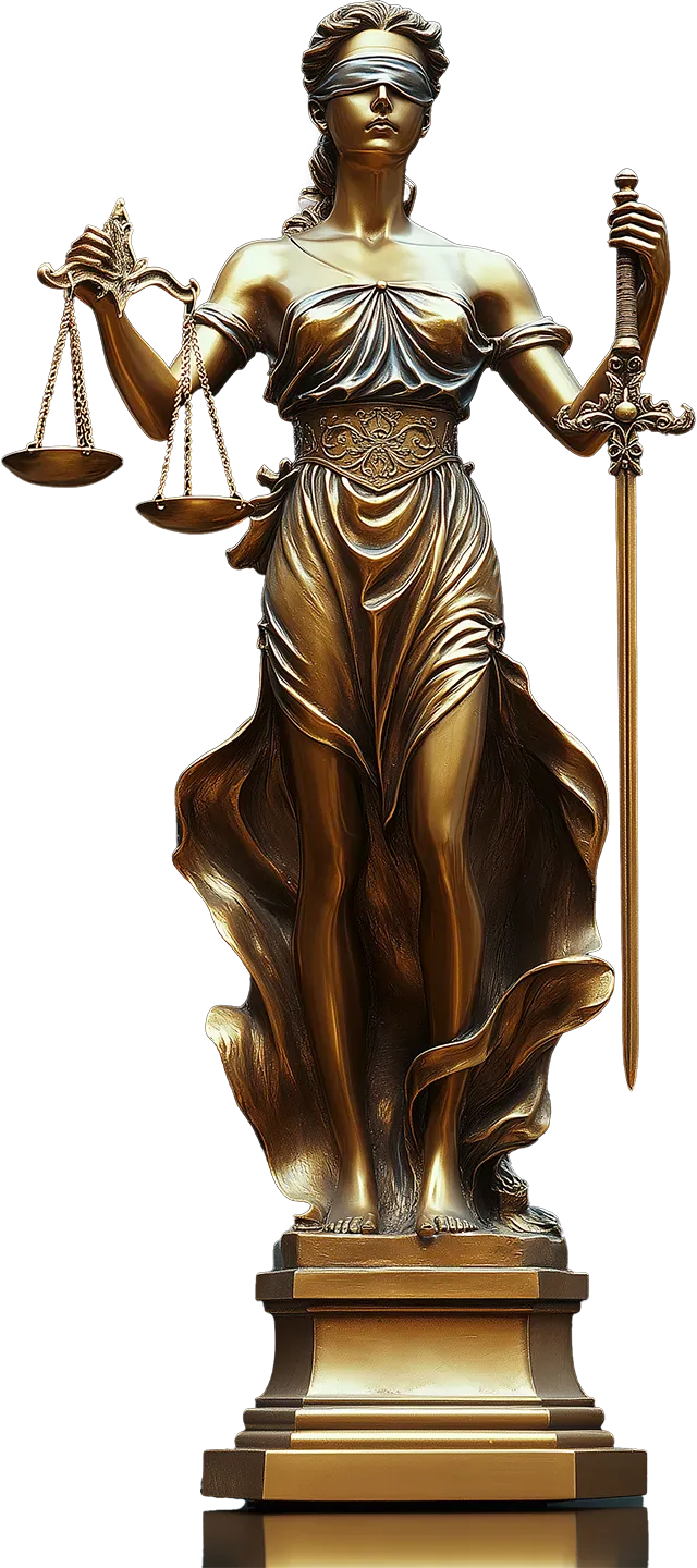 Golden statue of Lady Justice holding scales and a sword